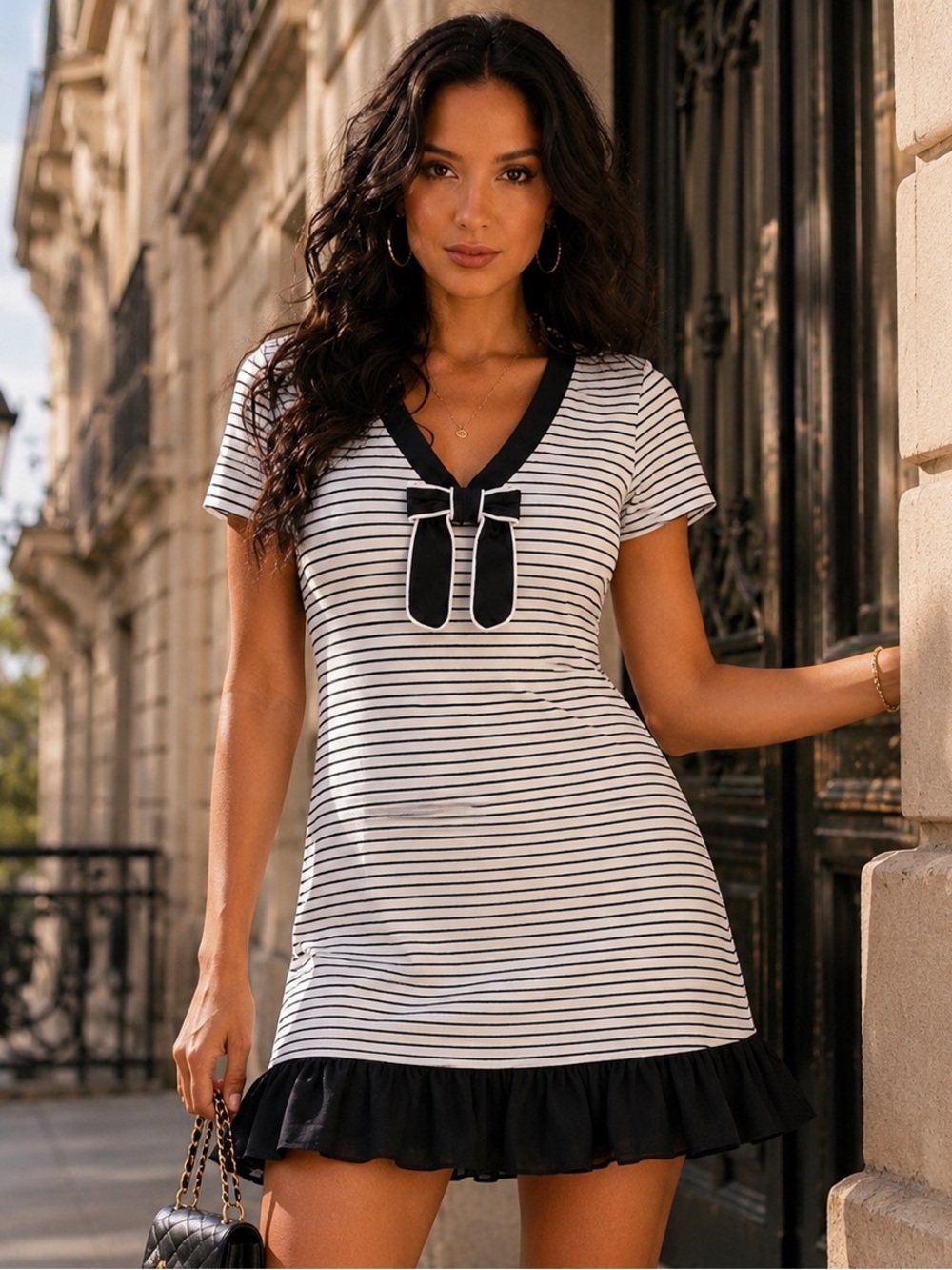 Le SaBi Nautical Stripe Bow Dress Large Kawaii Coquette Ruffle Hem Parisian Chic